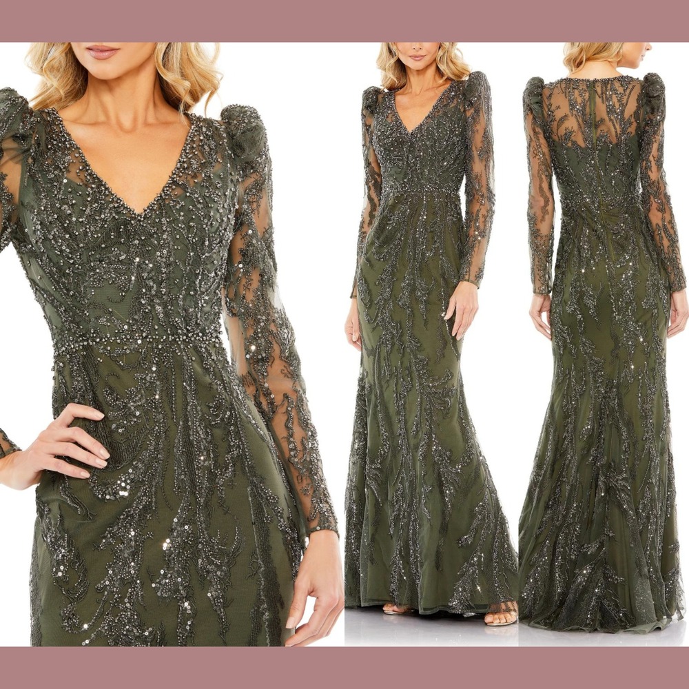 NWT $998 Mac Duggal [ 20 ] 20349 Embellished Puff Sleeve V Neck Gown Olive J1385